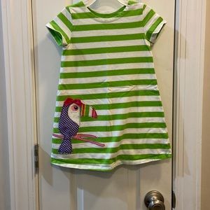 J. Khaki Green & White Striped with Tucan Jersey Dress Girls 4T EUC